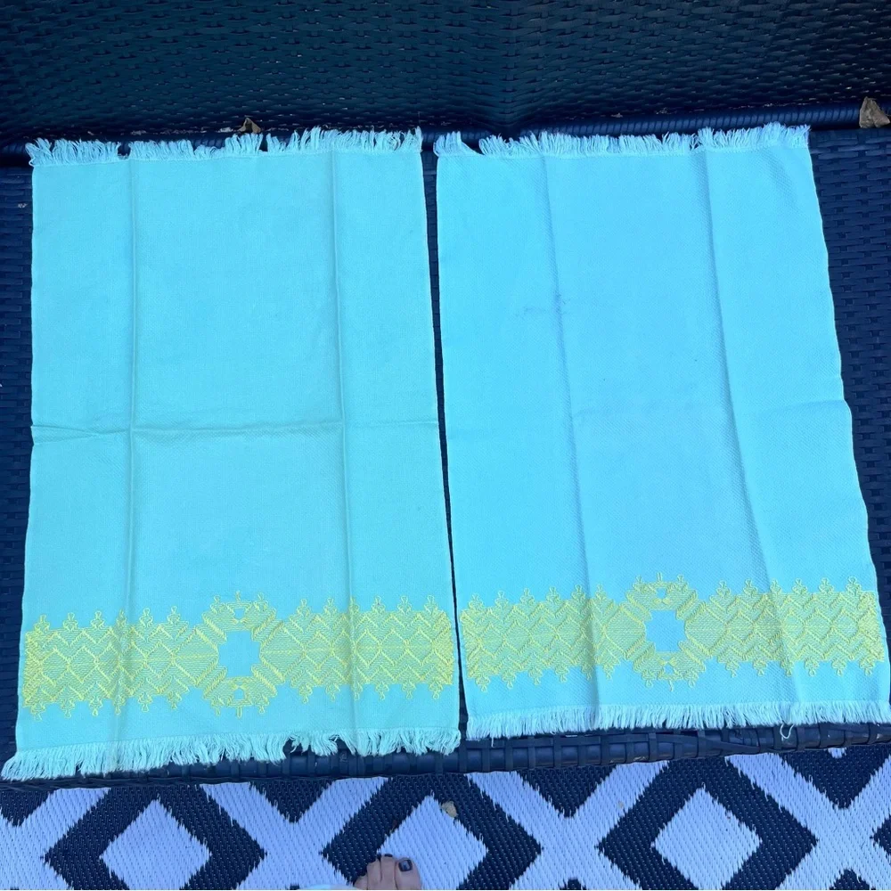 Two Vintage Tea Towels Cloth Aqua and Yellow Embroidered